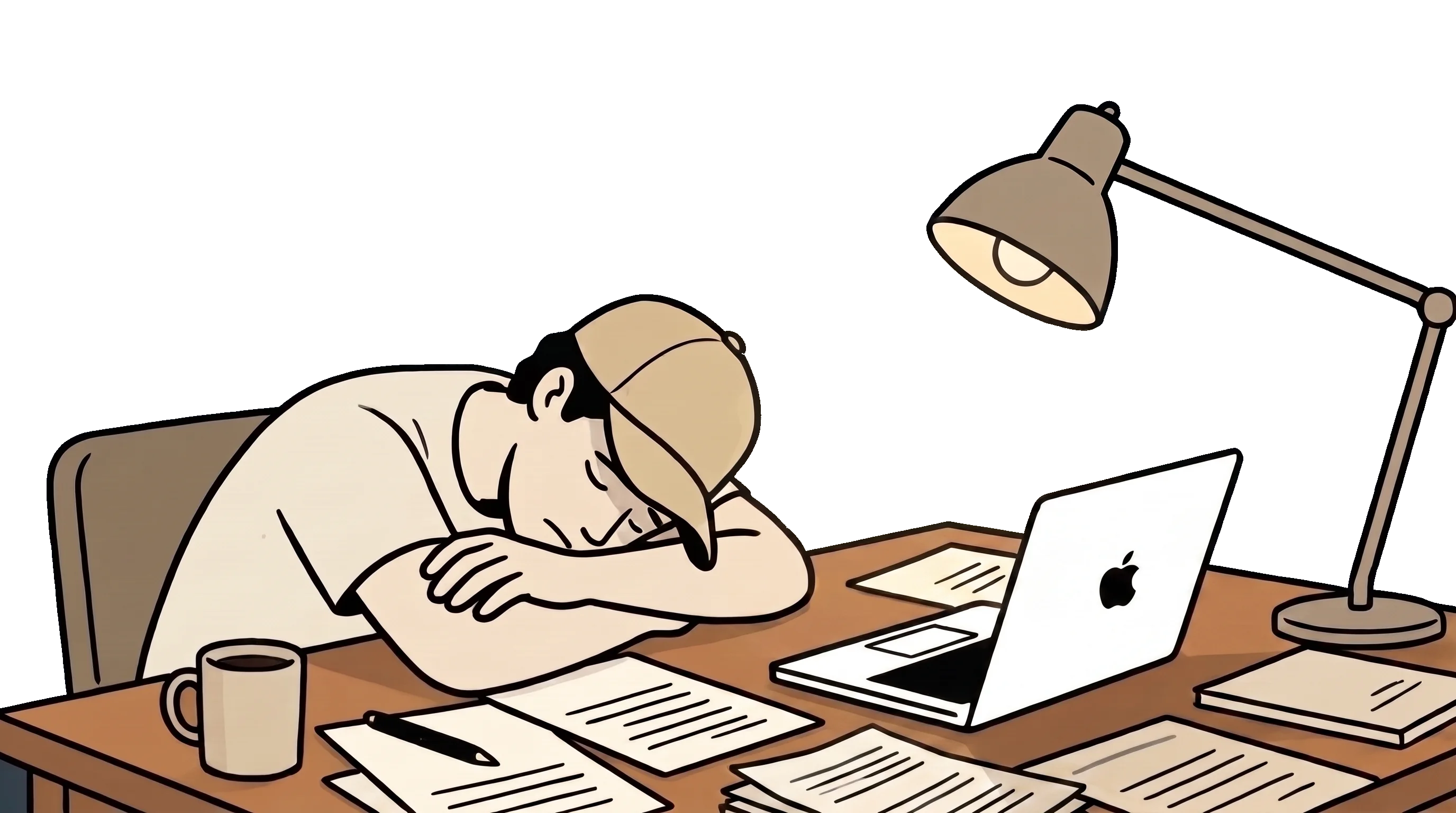 Illustration of a freelancer asleep at their desk late at night, slumped over paperwork under a lit desk lamp next to a laptop